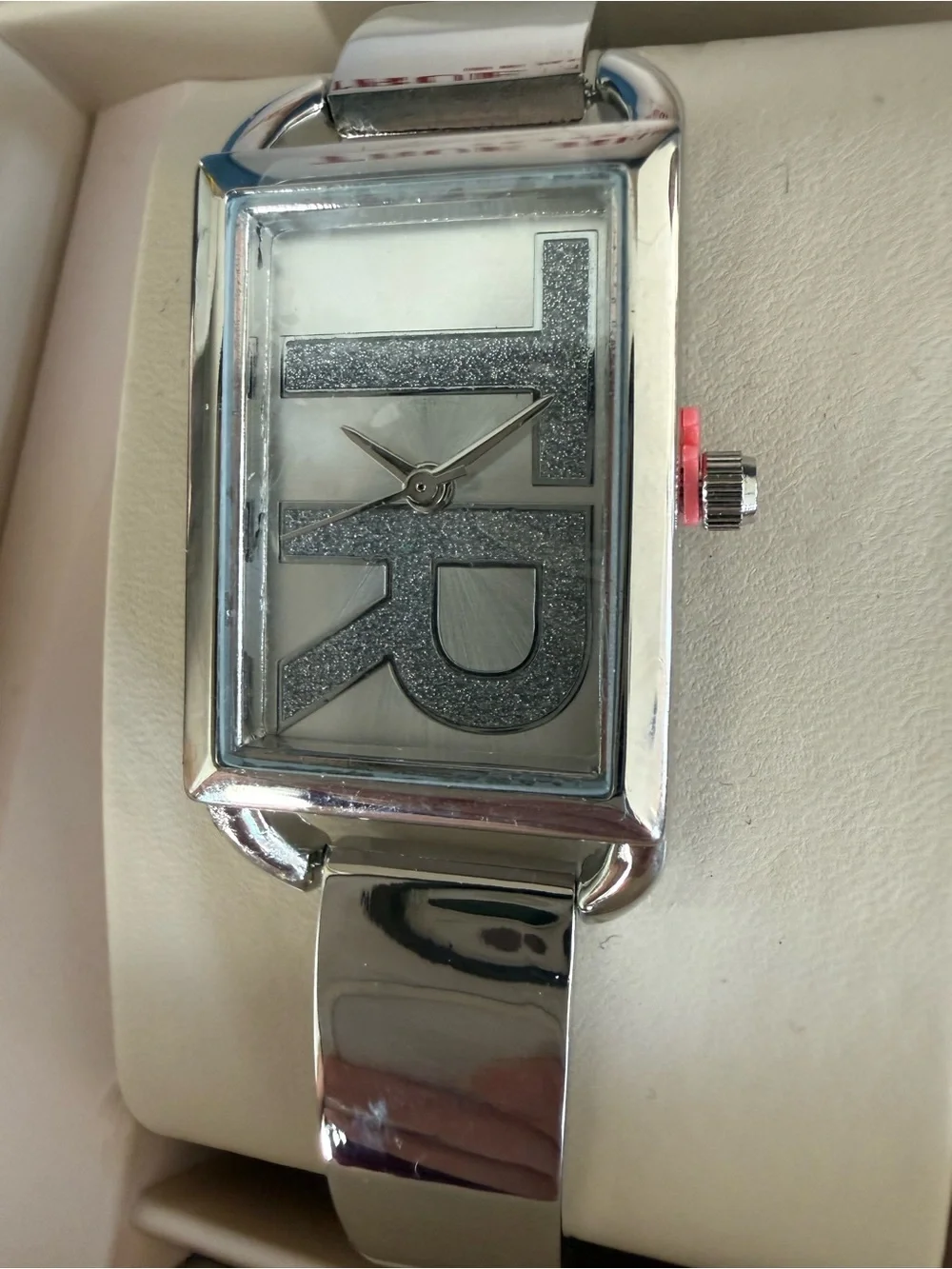 True Religion Women's TR Logo Silver Cuff Bracelet Watch Rectangle Dial New